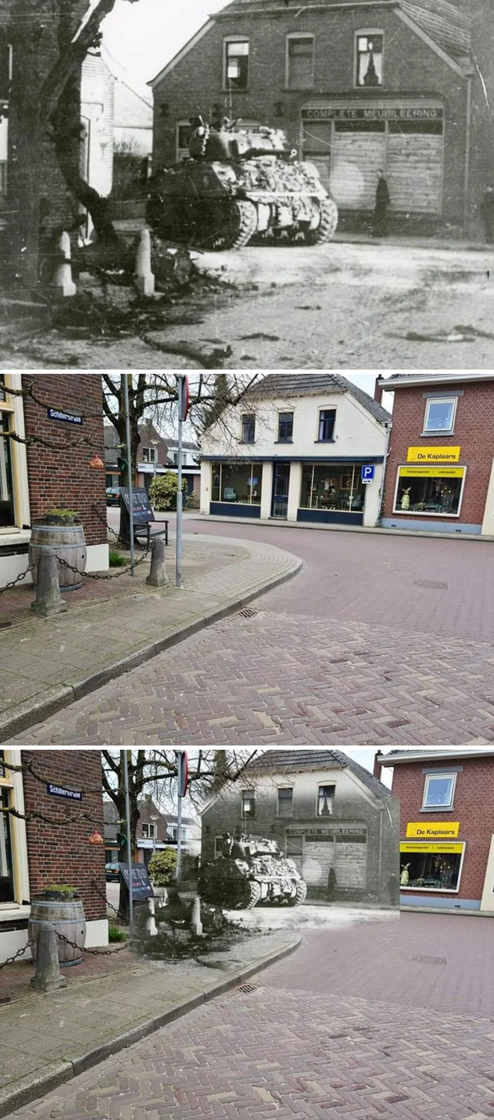 Then and now pics showing a historic tank in a town square and the same location in modern times without the tank.