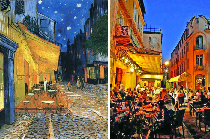Then and now pics showing an outdoor cafe street scene under a starry night sky and modern evening gathering.