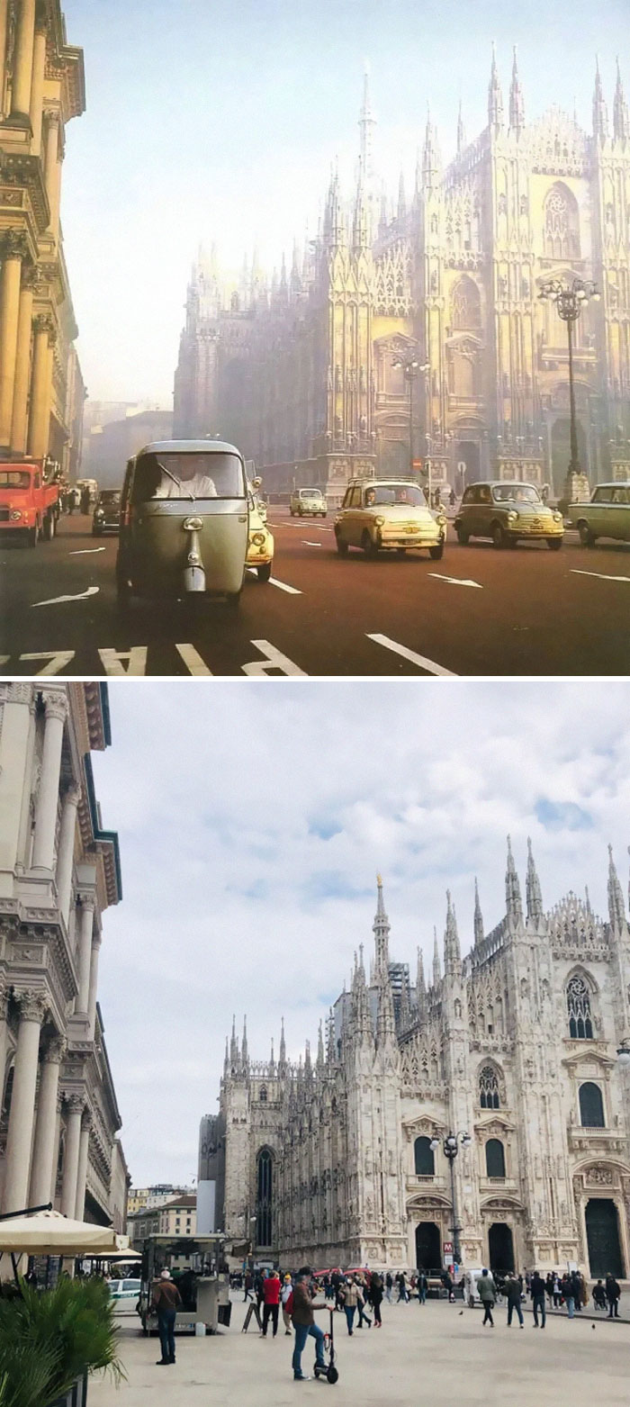 Then and now pics showing Milan Cathedral and street with vintage and modern vehicles and pedestrians.