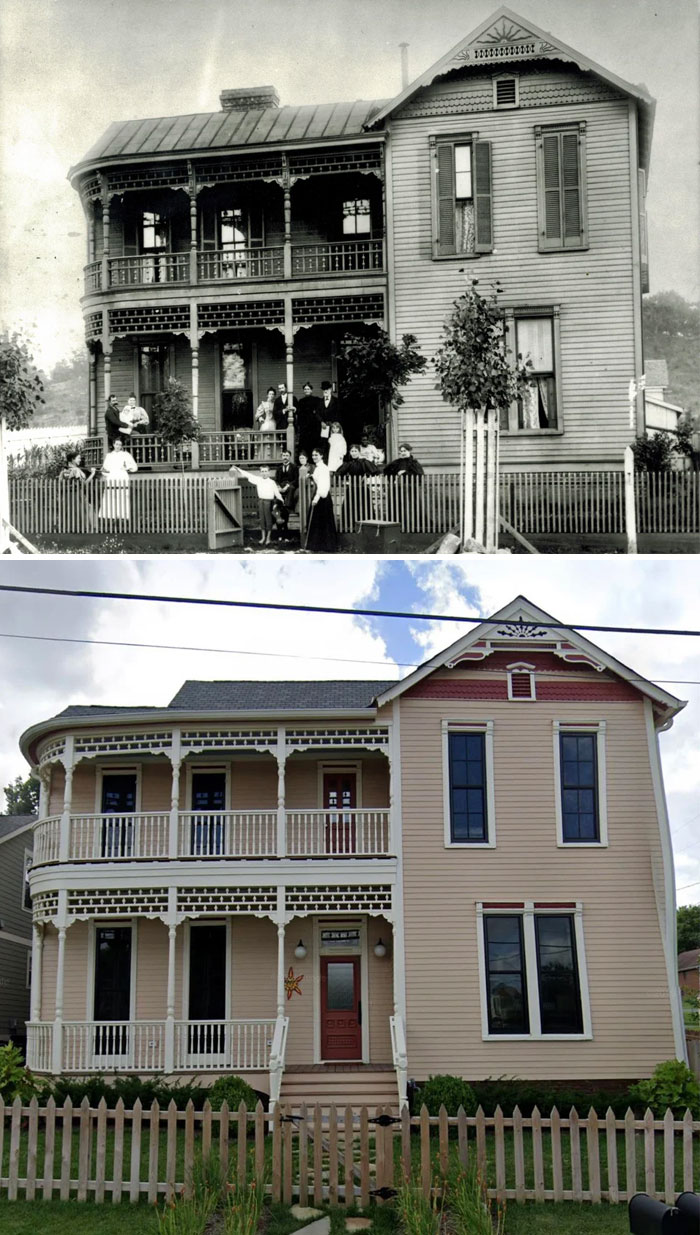 Then and now pics showing time changes on a historic two-story house with family and porch details preserved.