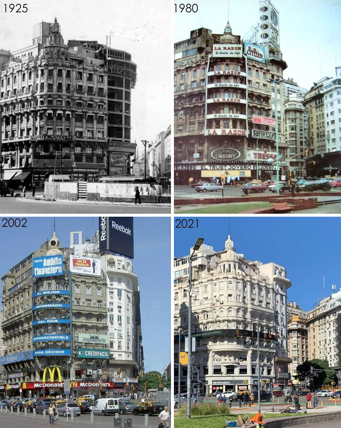 Four then and now pics showing the changing architecture and advertisements on a historic city building from 1925 to 2021.