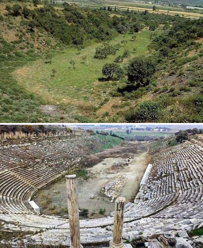 Ancient amphitheater Then and Now pics showcasing how time changes historic ruins and landscapes.