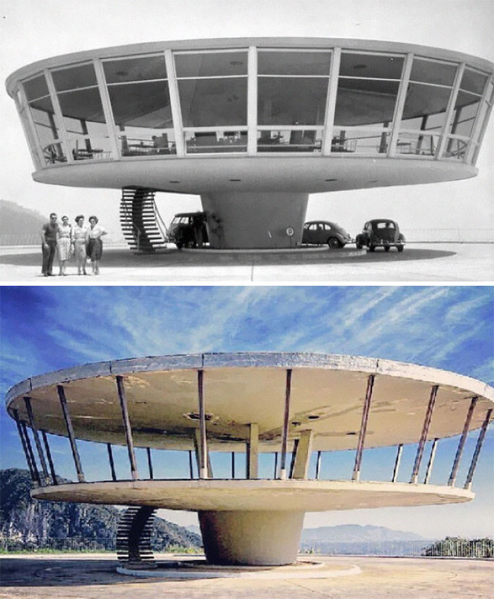 Then and now pics showing architectural changes over time with a futuristic building in both black and white and color.