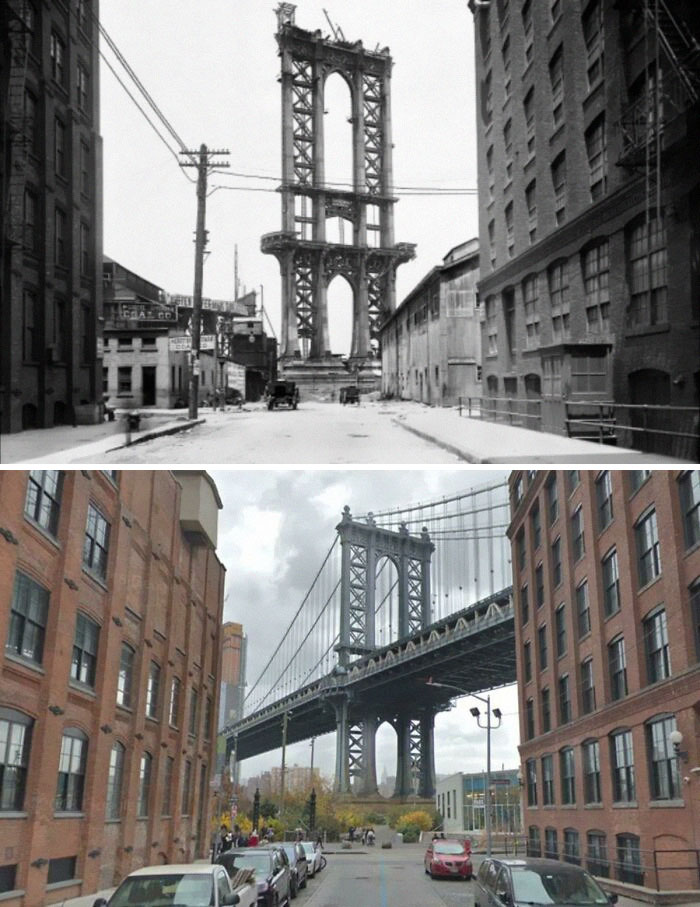 Then and now pics showing the transformation of a city bridge from construction to modern day in an urban setting.