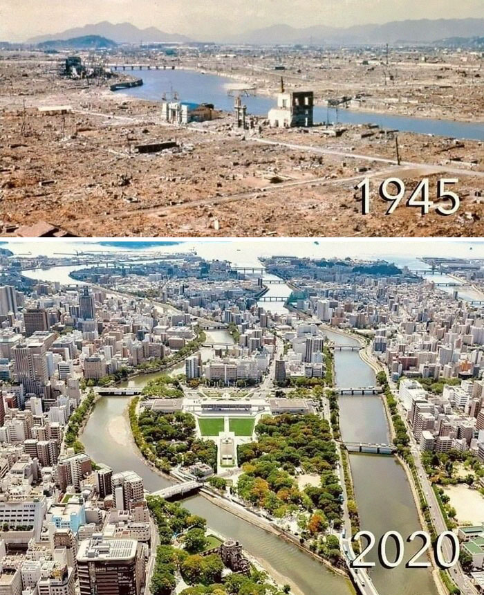 Aerial then and now pics showing city transformation from destruction in 1945 to modern urban development in 2020.