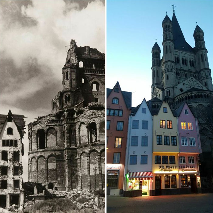 Then and now pics showing a historic building destroyed in war and rebuilt with colorful houses and a church in the background.
