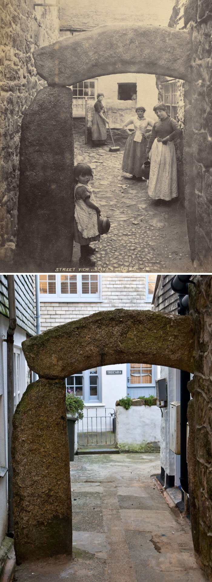 Then and now pics showing time changes with old and modern views of a stone archway in a narrow street.