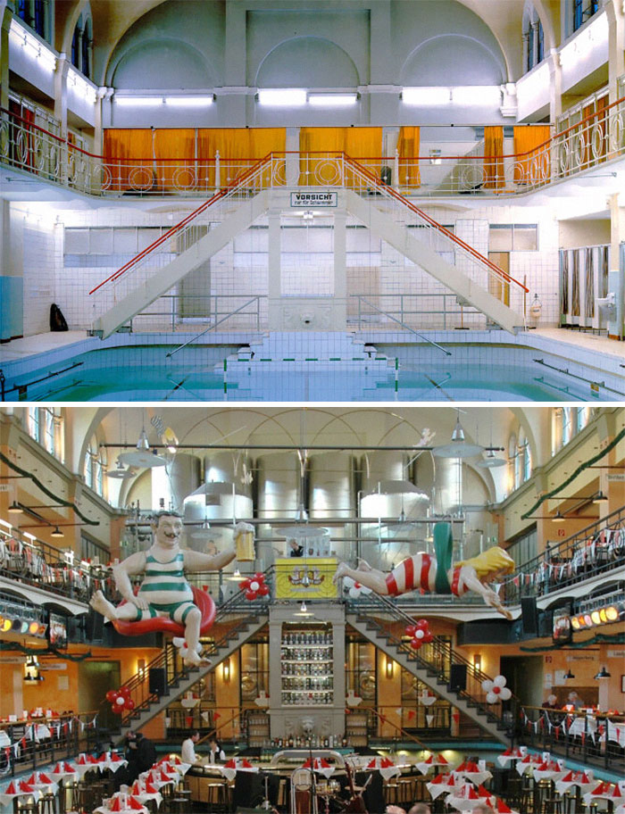 Then and now pics showing transformation of an indoor pool into a lively restaurant with unique decor and seating arrangements.