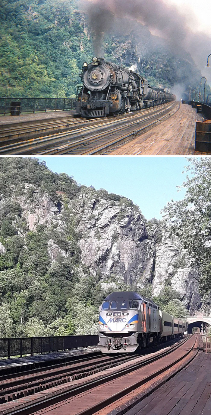 Then and now pics showing steam and modern trains on a wooden bridge with mountainous green scenery in the background.
