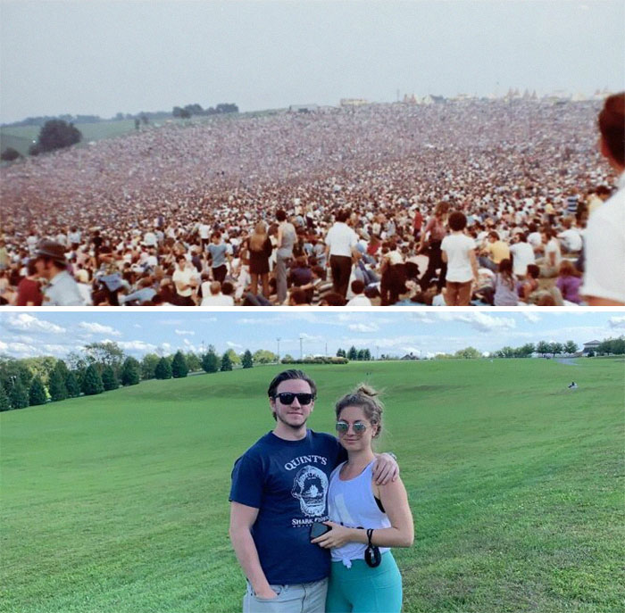 Then and now pics showing a massive crowd at a concert compared to a peaceful and empty grassy field.