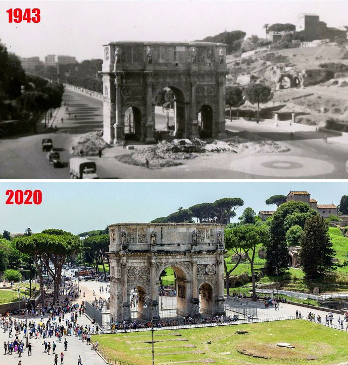 Then and now pics showing the transformation of the Arch of Constantine and surrounding area over time