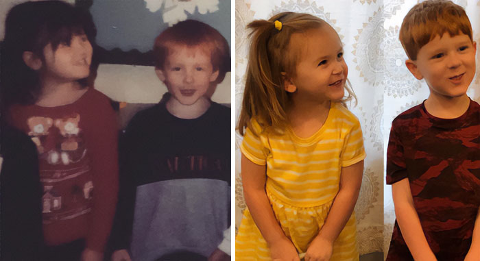 Me And My Husband In The Same Preschool Class At 3 Years Old In 1994 & Our Kids On The First Day Of School In 2019 At 3 And 6 Years Old