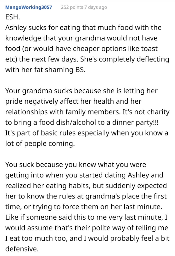 Guy Asks His Girlfriend Not To Eat So Much At His Grandma's House, Asks If He's In The Wrong After She Yells At Him