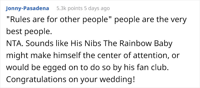 Bride&rsquo;s Parents Refuse To Attend Her Child-Free Wedding Because She Wouldn&rsquo;t Make An Exception For Her &ldquo;Rainbow Baby&rdquo; Nephew