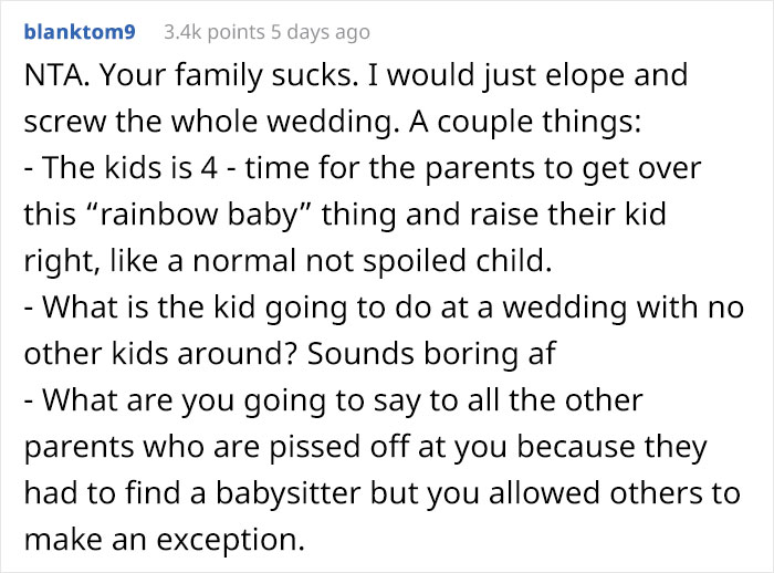 Bride&rsquo;s Parents Refuse To Attend Her Child-Free Wedding Because She Wouldn&rsquo;t Make An Exception For Her &ldquo;Rainbow Baby&rdquo; Nephew
