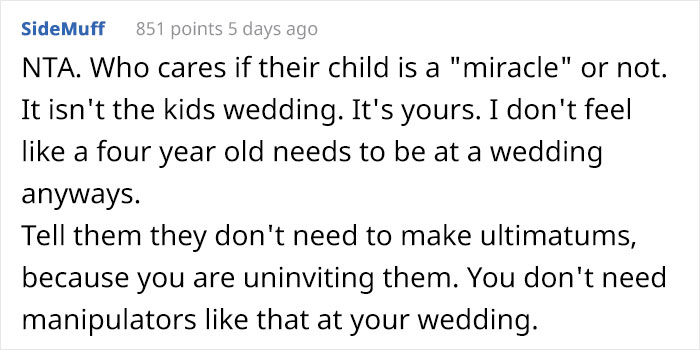 Bride&rsquo;s Parents Refuse To Attend Her Child-Free Wedding Because She Wouldn&rsquo;t Make An Exception For Her &ldquo;Rainbow Baby&rdquo; Nephew
