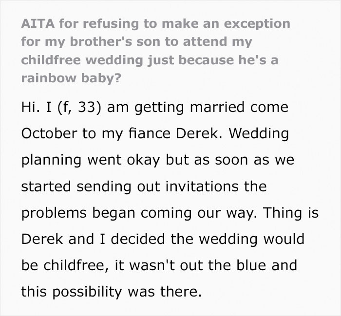 Bride&rsquo;s Parents Refuse To Attend Her Child-Free Wedding Because She Wouldn&rsquo;t Make An Exception For Her &ldquo;Rainbow Baby&rdquo; Nephew