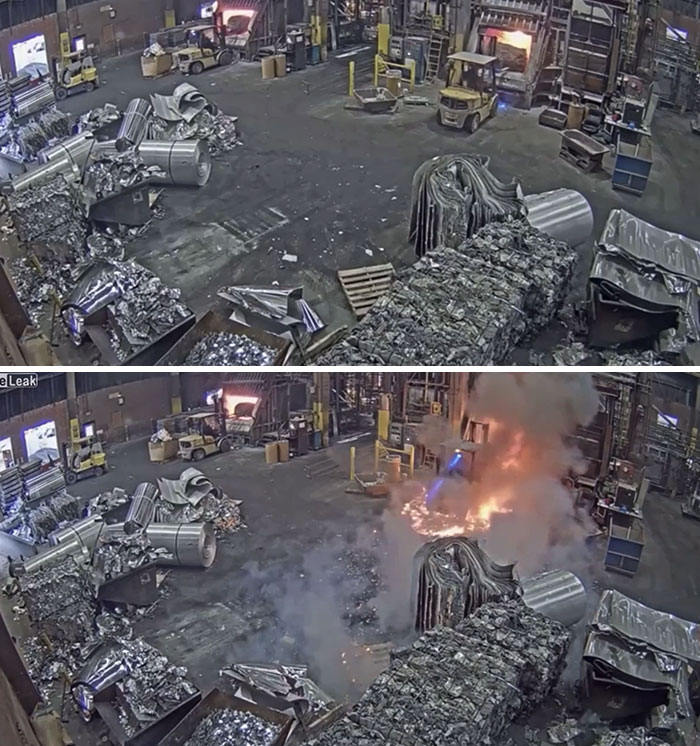 Foundry Worker Puts Wet Scrap Metal In Furnace, November 27, 2019