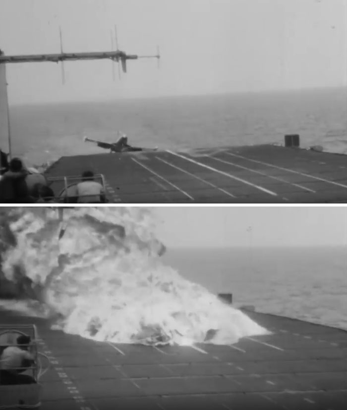 Commander George C Duncan Is Pulled Out Alive From The Cockpit Of His Grumman F9f Panther After Crashing During An Attempted Landing On Uss Midway On July 23rd 1951