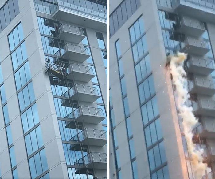 Cable On A Window Washing Station Snaps And Hits A Power Line, Causing An Electrical Explosion. The Workers Were Saved By Their Emergency Harnesses