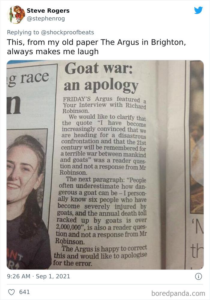 Newspaper correction about a goat war quote mix-up, shared on Twitter highlighting biggest newspaper fails.