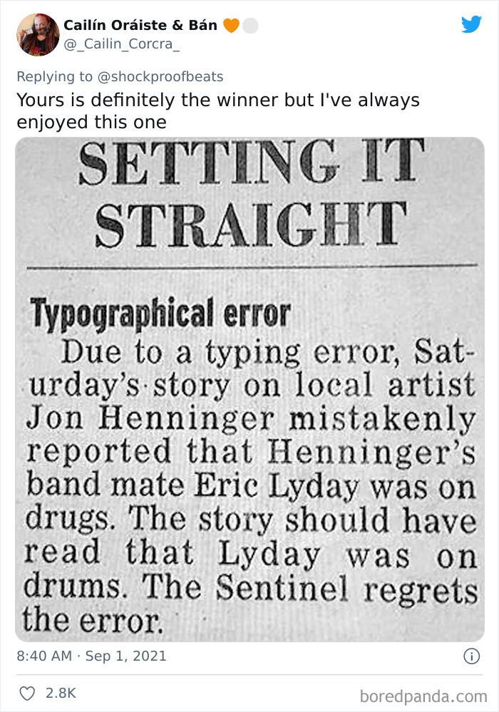 Newspaper fail correction clarifying a typo that wrongly said a bandmate was on d***s instead of drums in a local artist story.