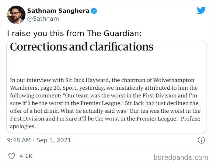 Screenshot of a Twitter post showing a newspaper correction about a humorous Premier League quote mix-up.