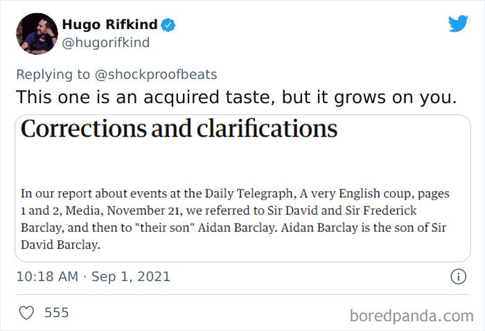 Tweet showing a newspaper correction about mistaken family relations, highlighting biggest newspaper fails shared on Twitter.
