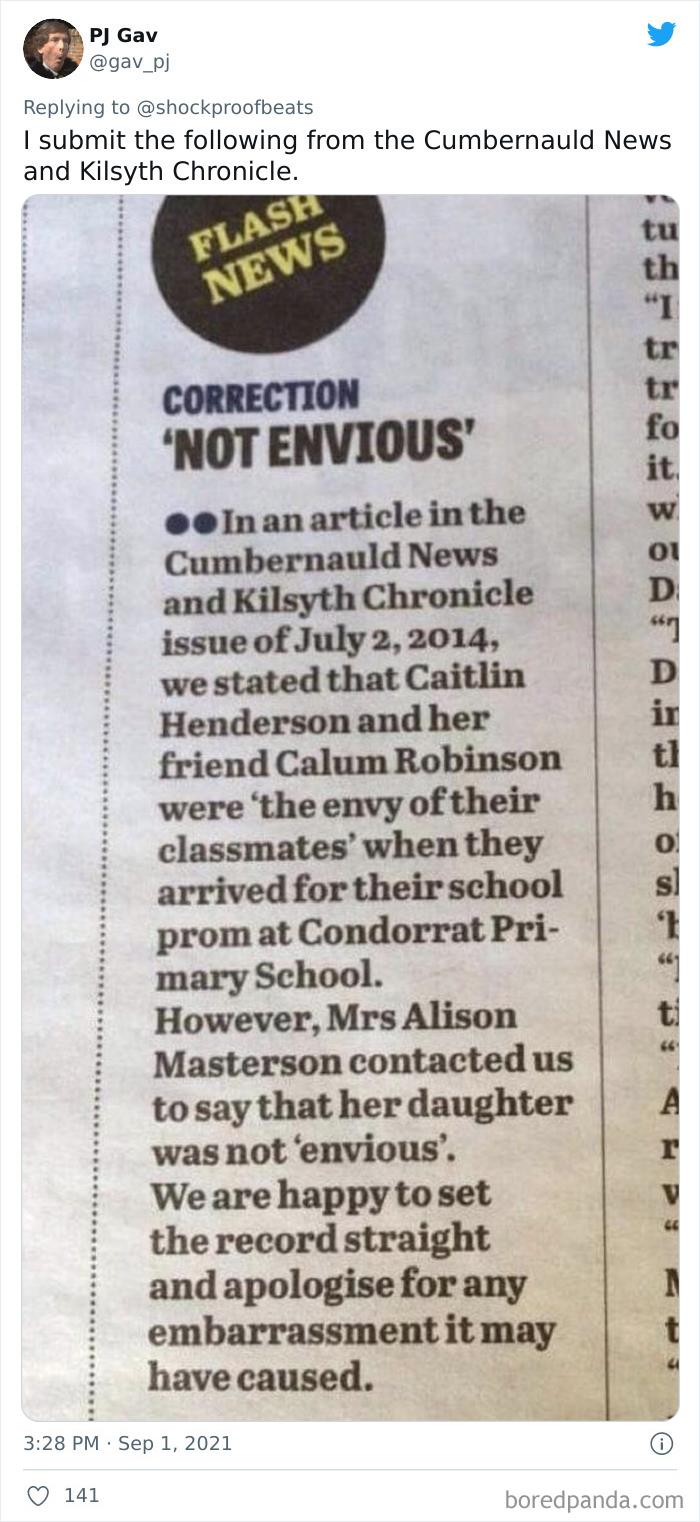 Newspaper correction clarifying a misquote about envy at a school prom shared on Twitter as a funny newspaper fail.