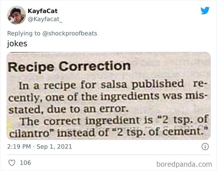 Newspaper fail showing hilarious correction mixing up 2 tsp of cement with 2 tsp of cilantro in a salsa recipe.