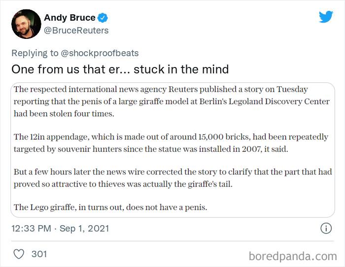 Tweet showing a funny newspaper fail correction about a giraffe model stolen parts, shared on Twitter for laughs.