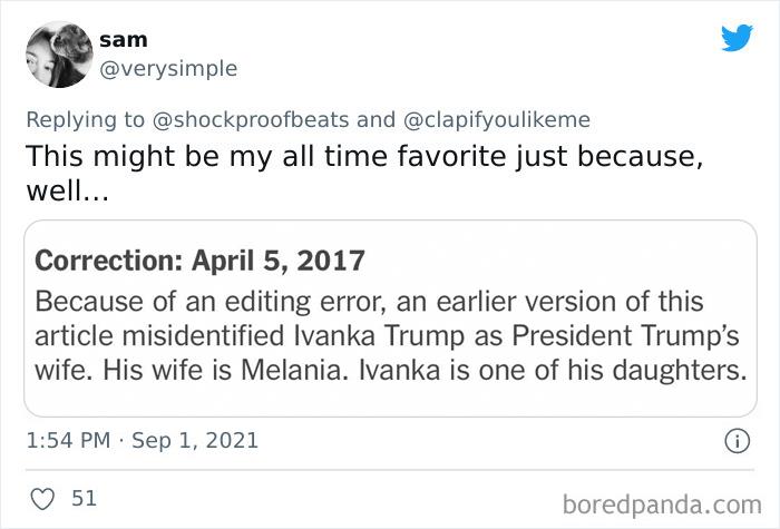 Tweet showing a newspaper fail correction about misidentifying Ivanka Trump as the president’s wife on Twitter.