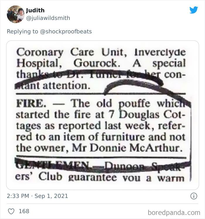 Newspaper correction clarifying that a pouffe caused a fire, not the owner, part of biggest newspaper fails shared on Twitter.