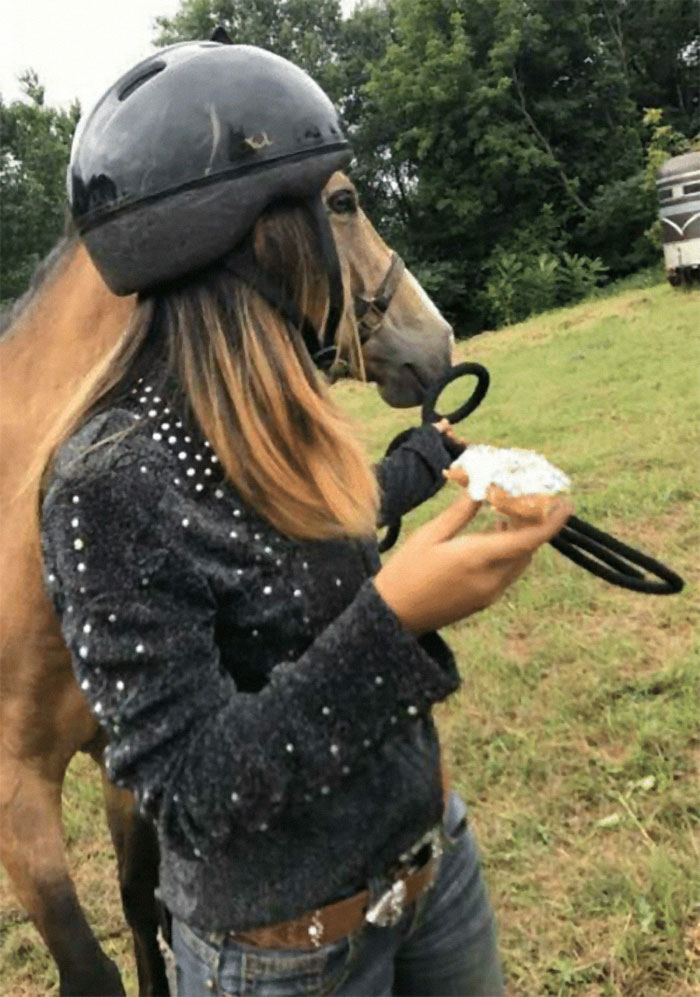 Person wearing a horse mask and riding helmet holding an object with a real horse nearby from the I Want To Leave Instagram account.