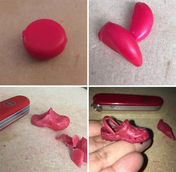 Red wax transforms step-by-step into a tiny shoe next to a pocket knife, showcasing the weirdest Instagram account creativity.
