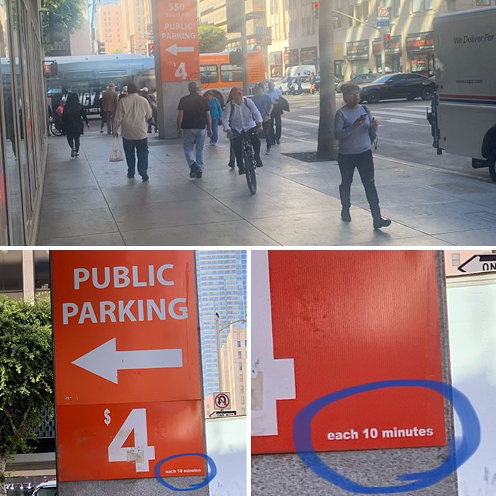 People walking on busy city sidewalk and close-up of public parking sign with cost highlighted, showing evil marketing techniques.