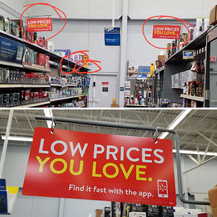 Store aisle with repeated "Low Prices You Love" signs, illustrating common marketing techniques to influence shoppers.