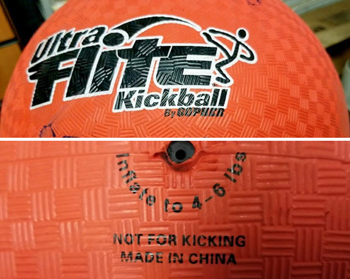 Orange Ultra Fite kickball with black text, textured surface, and inflation instructions for 4-6 lbs pressure.