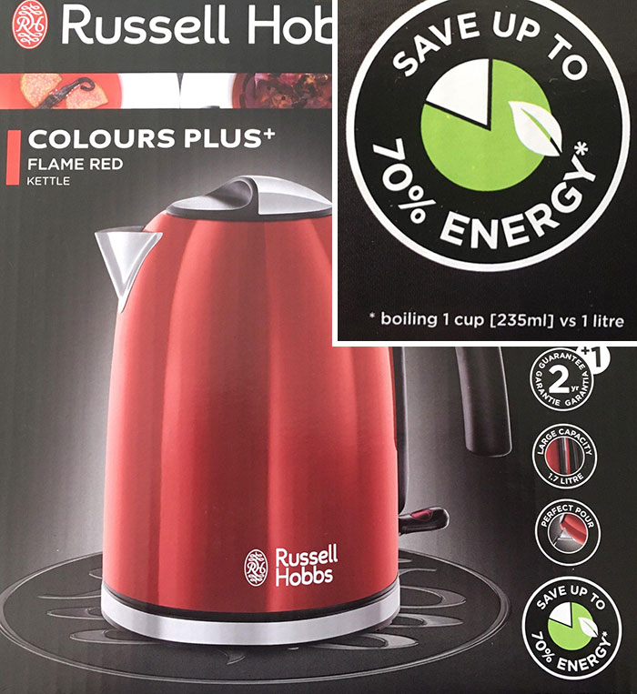 Red kettle product packaging showing energy saving claim, illustrating evil marketing techniques some businesses use.