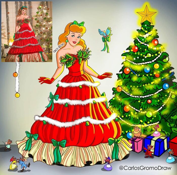 Disney character reimagined as a classical painting style Christmas tree dress with festive decorations and colorful gifts.