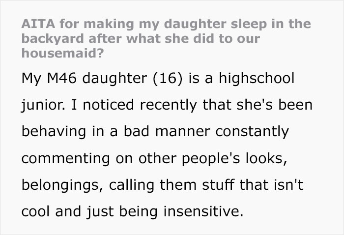 "Am I The [Jerk] For Making My Daughter Sleep In The Backyard After What She Did To Our Housemaid?"