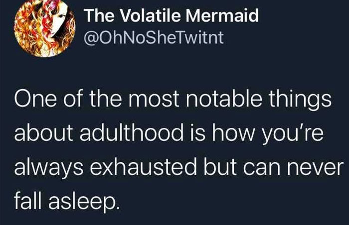 Text meme about adulthood exhaustion, from "The Volatile Mermaid" on Twitter.