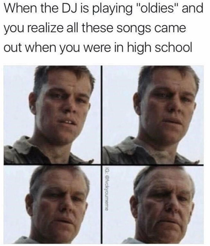 Man looking puzzled while DJ plays "oldies"; funny adult meme.