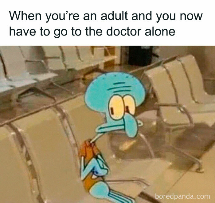 Squidward sitting nervously in an empty waiting room, capturing a funny adult meme moment.
