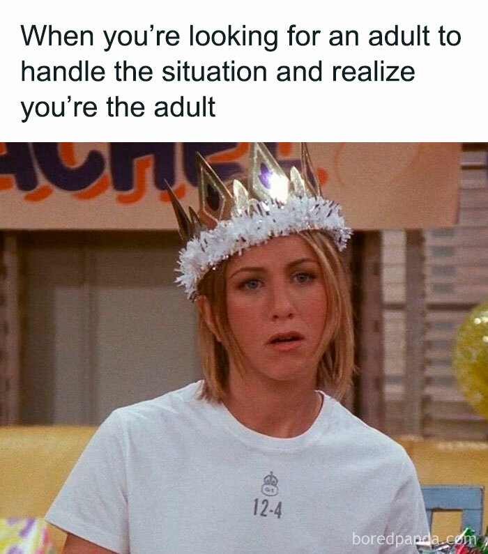 Woman wearing a crown, looking surprised with text about adult realization; funny adult memes keyword focused.