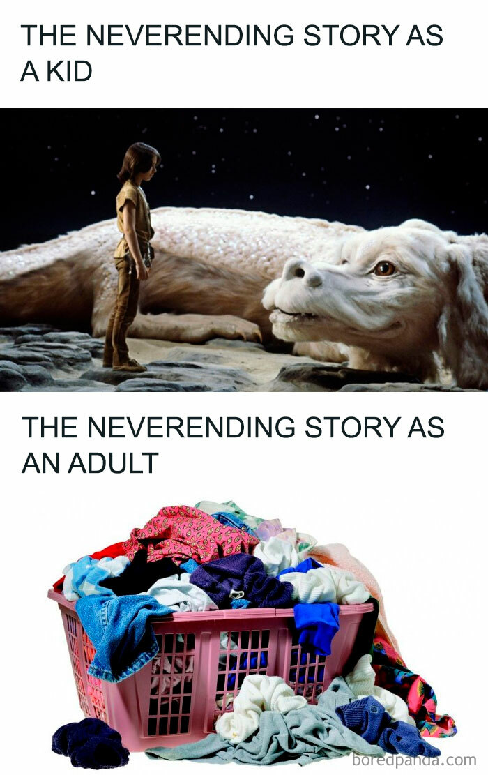 Memes contrasting a mythical dragon with a basket of laundry, highlighting funny adult humor.