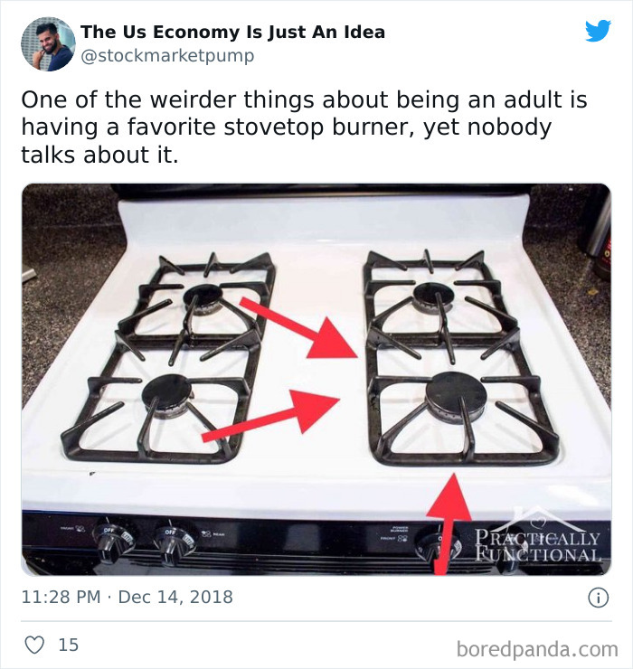 Stovetop with red arrows pointing to favorite burner, highlighting a funny adult meme about quirky preferences.