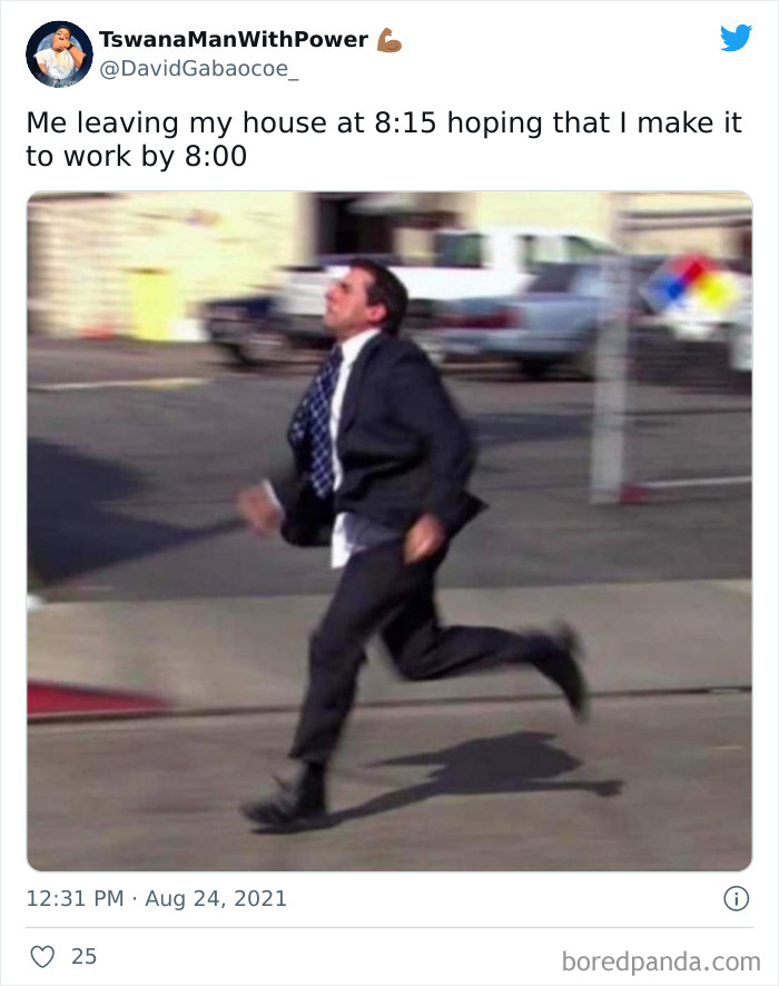 Adult meme of a man in a suit running with caption about being late, evoking laughter.