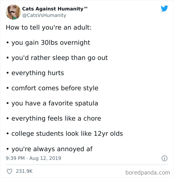 Funny adult meme about the struggles of adulthood, including weight gain and preferring sleep over going out.