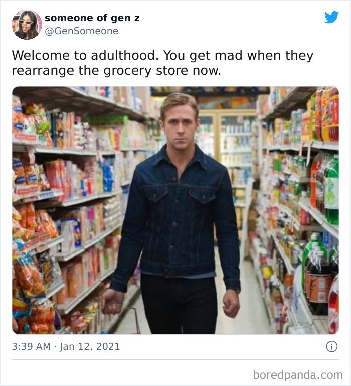 Man looking frustrated in a grocery store aisle, capturing funny adult memes.